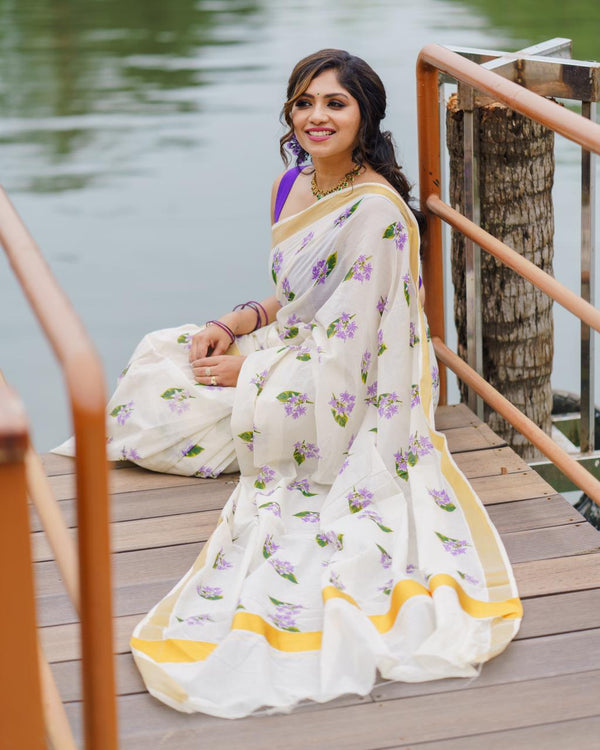 Lavender Printed Kerala Cotton Saree